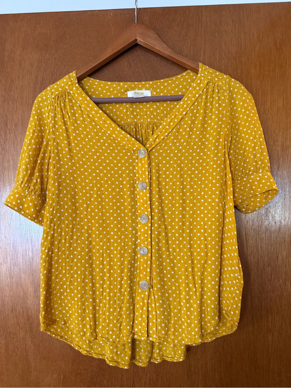Maeve Mustard Dot Button-Front Short Sleeve Blouse